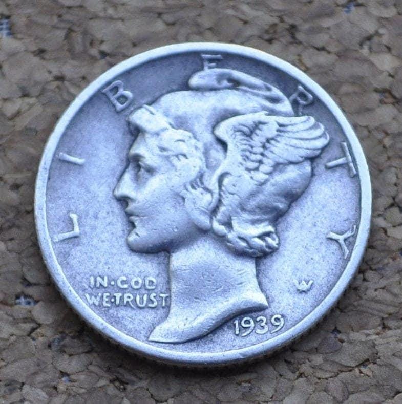 1939 Mercury Silver Dime - XF (Extremely Fine) - Great Detail - 1939P Mercury Head / 1939 P Liberty Head Dime - Winged Liberty Head 1939P