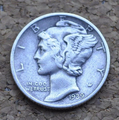 1939 Mercury Silver Dime - XF (Extremely Fine) - Great Detail - 1939P Mercury Head / 1939 P Liberty Head Dime - Winged Liberty Head 1939P