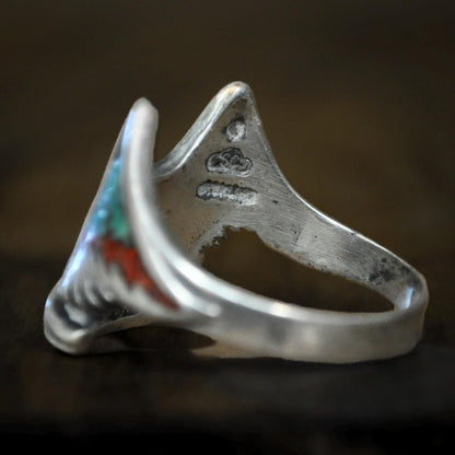 Vintage Sharon Cisco Navajo Turquoise Coral Flying Eagle Sterling Silver Ring - Native American Navajo Turquoise Coral Inlay Eagle Silver St