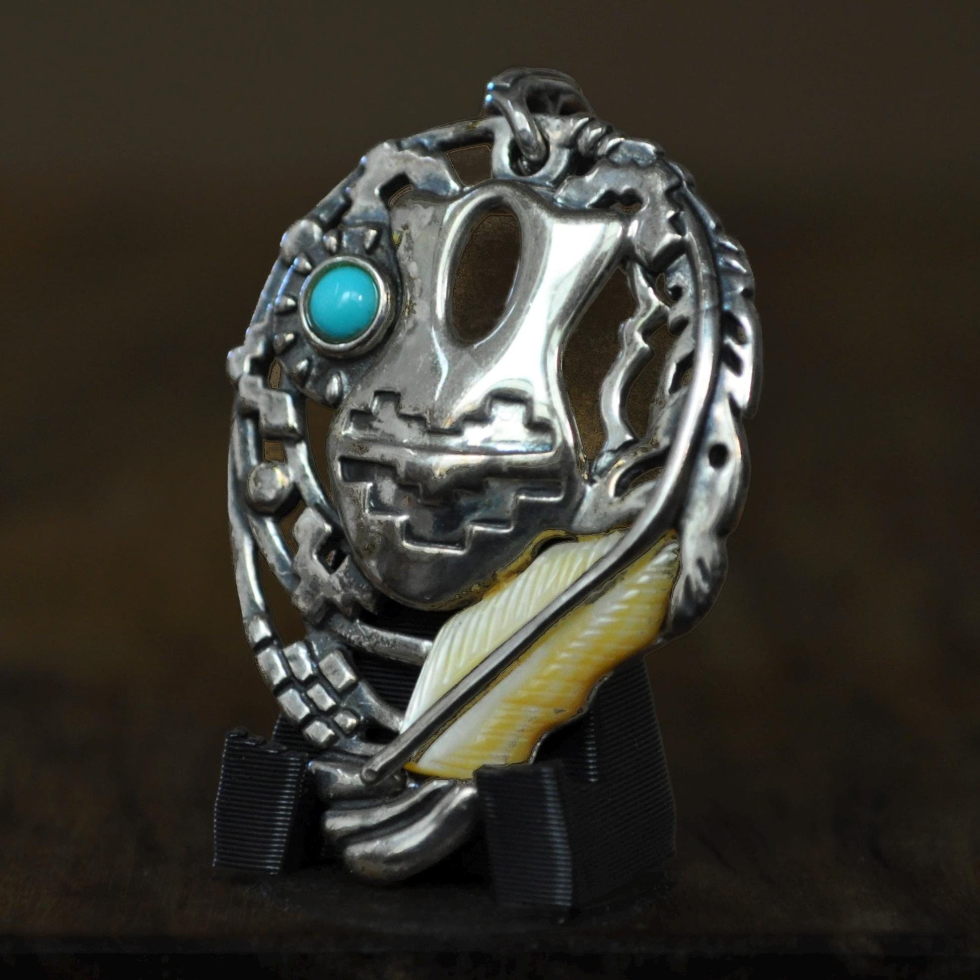 Sterling Silver Pendant Southwestern Tribal Motif Pottery Feather and Turquoise Accents - Natural Turquoise and Stone Feather Accents Sterli