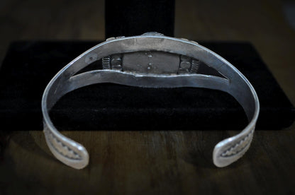 Navajo Hand-Stamped Sterling Silver & Turquoise Cuff Bracelet - Handcrafted Navajo Sterling Silver Cuff with Oval Kingman Turquoise