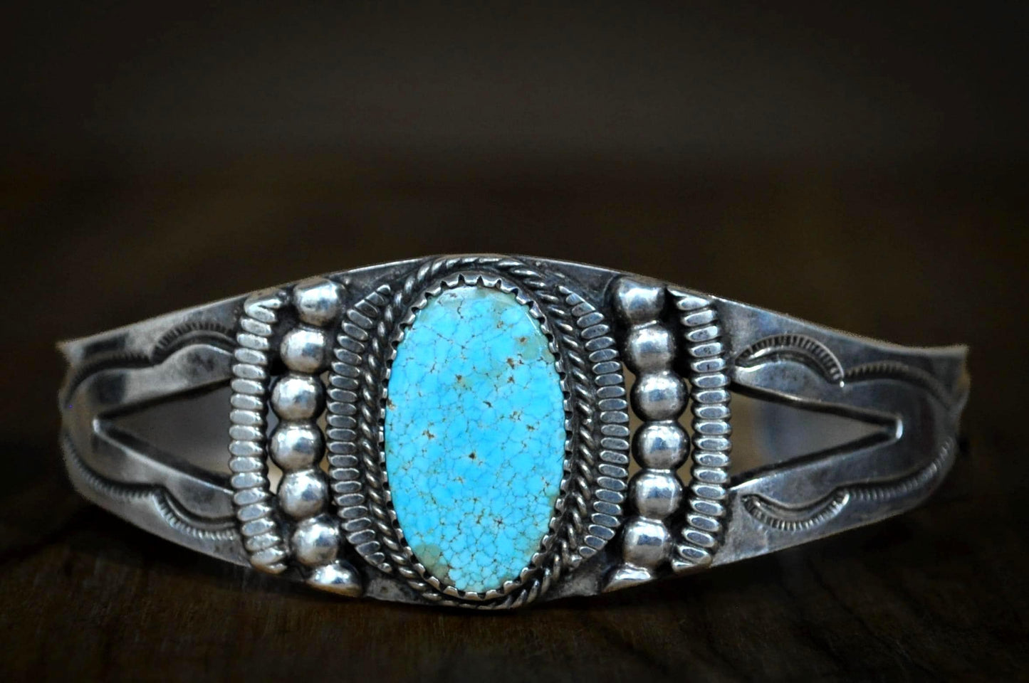 Navajo Hand-Stamped Sterling Silver & Turquoise Cuff Bracelet - Handcrafted Navajo Sterling Silver Cuff with Oval Kingman Turquoise