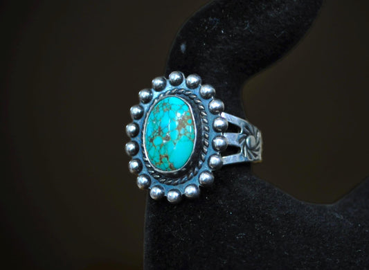 Navajo Sterling Silver Oval Turquoise Statement Ring - Traditional Southwestern Hand-Stamped Turquoise Ring with Beaded Border