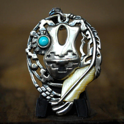 Sterling Silver Pendant Southwestern Tribal Motif Pottery Feather and Turquoise Accents - Natural Turquoise and Stone Feather Accents Sterli