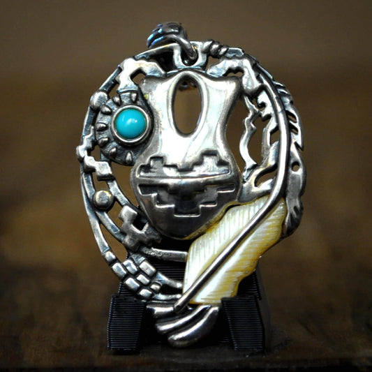 Sterling Silver Pendant Southwestern Tribal Motif Pottery Feather and Turquoise Accents - Natural Turquoise and Stone Feather Accents Sterli