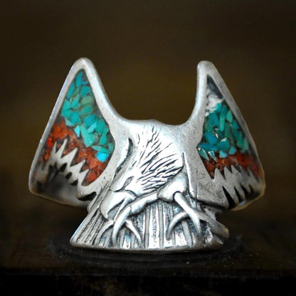 Vintage Sharon Cisco Navajo Turquoise Coral Flying Eagle Sterling Silver Ring - Native American Navajo Turquoise Coral Inlay Eagle Silver St
