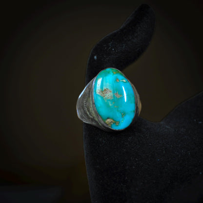 Vintage Navajo Sterling Silver Turquoise Oval Statement Ring - Southwestern Sterling Silver Large Turquoise Cabochon Dome Ring Size 10.5