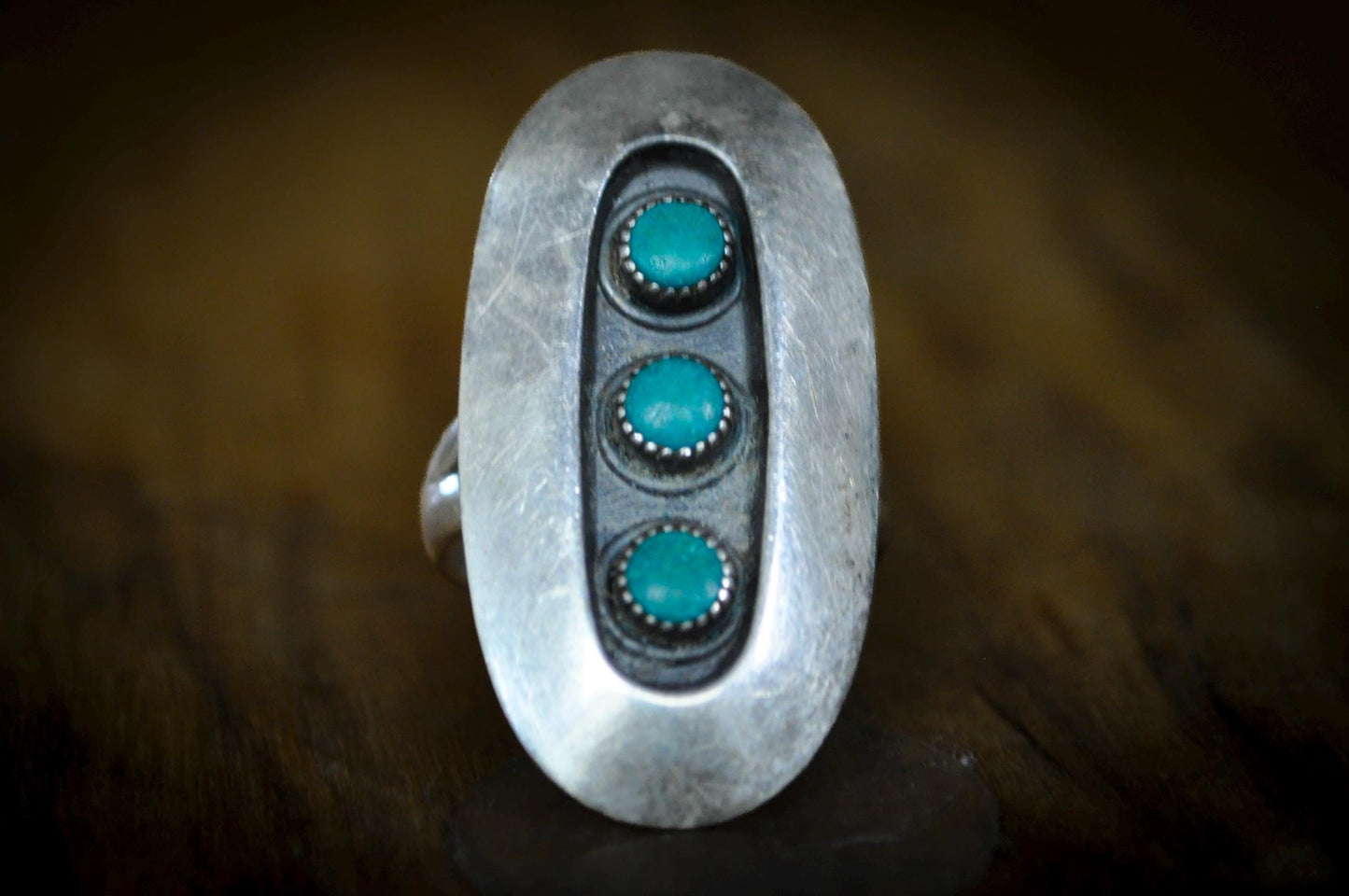 Vintage Navajo Sterling Silver 3-Stone Turquoise Shadowbox Ring Size 6.5 - Handcrafted Native American Style Turquoise Shield Ring, Size 6.5