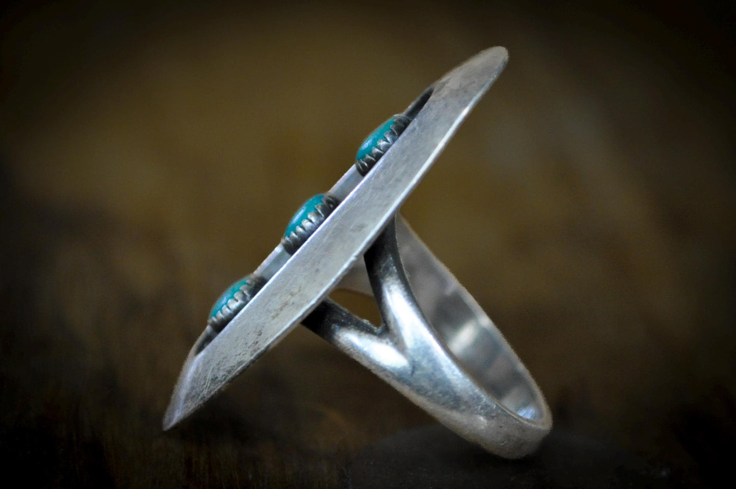 Vintage Navajo Sterling Silver 3-Stone Turquoise Shadowbox Ring Size 6.5 - Handcrafted Native American Style Turquoise Shield Ring, Size 6.5