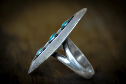 Vintage Navajo Sterling Silver 3-Stone Turquoise Shadowbox Ring Size 6.5 - Handcrafted Native American Style Turquoise Shield Ring, Size 6.5