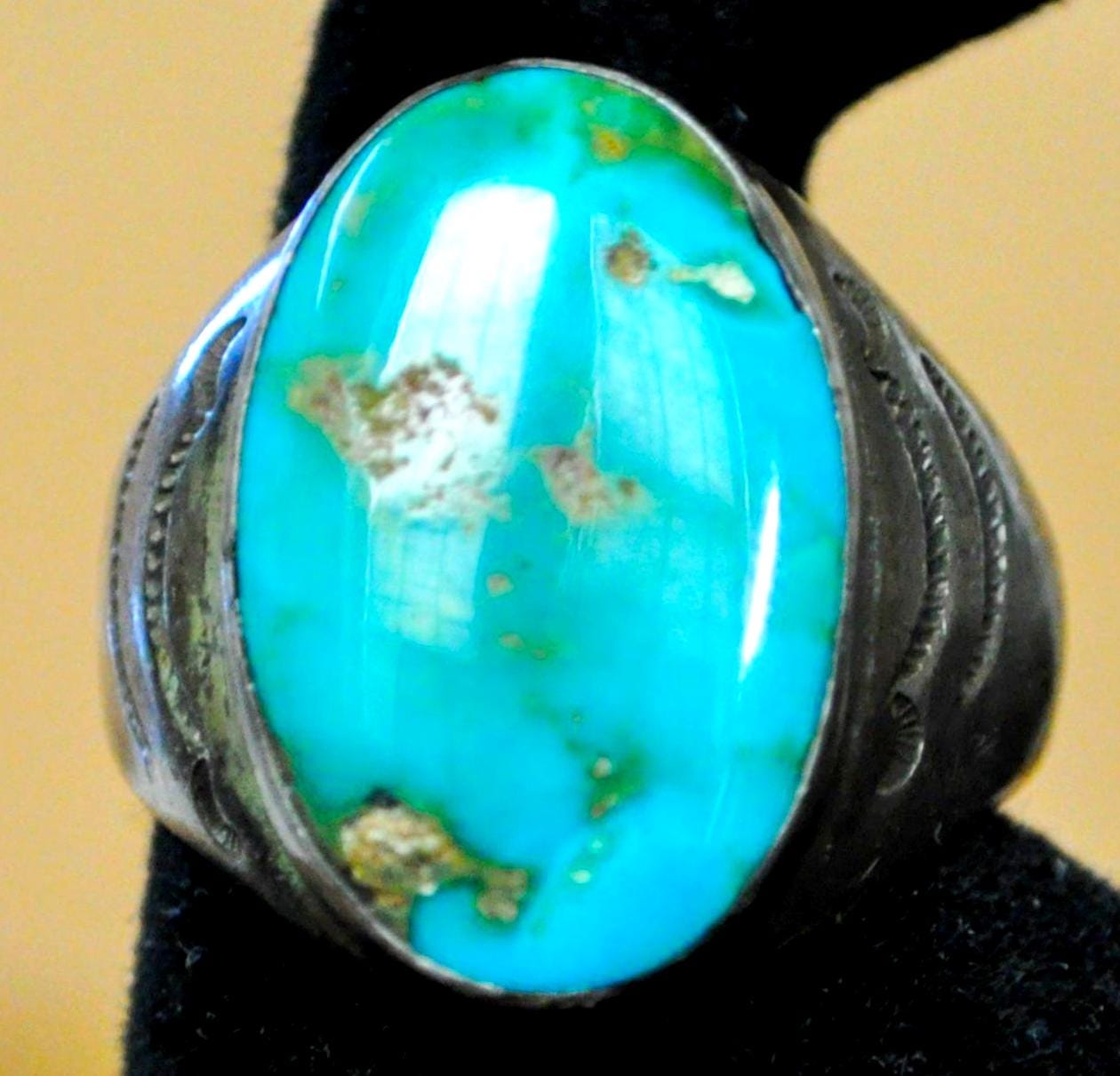 Vintage Navajo Sterling Silver Turquoise Oval Statement Ring - Southwestern Sterling Silver Large Turquoise Cabochon Dome Ring Size 10.5