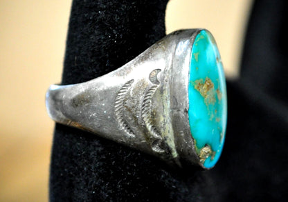 Vintage Navajo Sterling Silver Turquoise Oval Statement Ring - Southwestern Sterling Silver Large Turquoise Cabochon Dome Ring Size 10.5