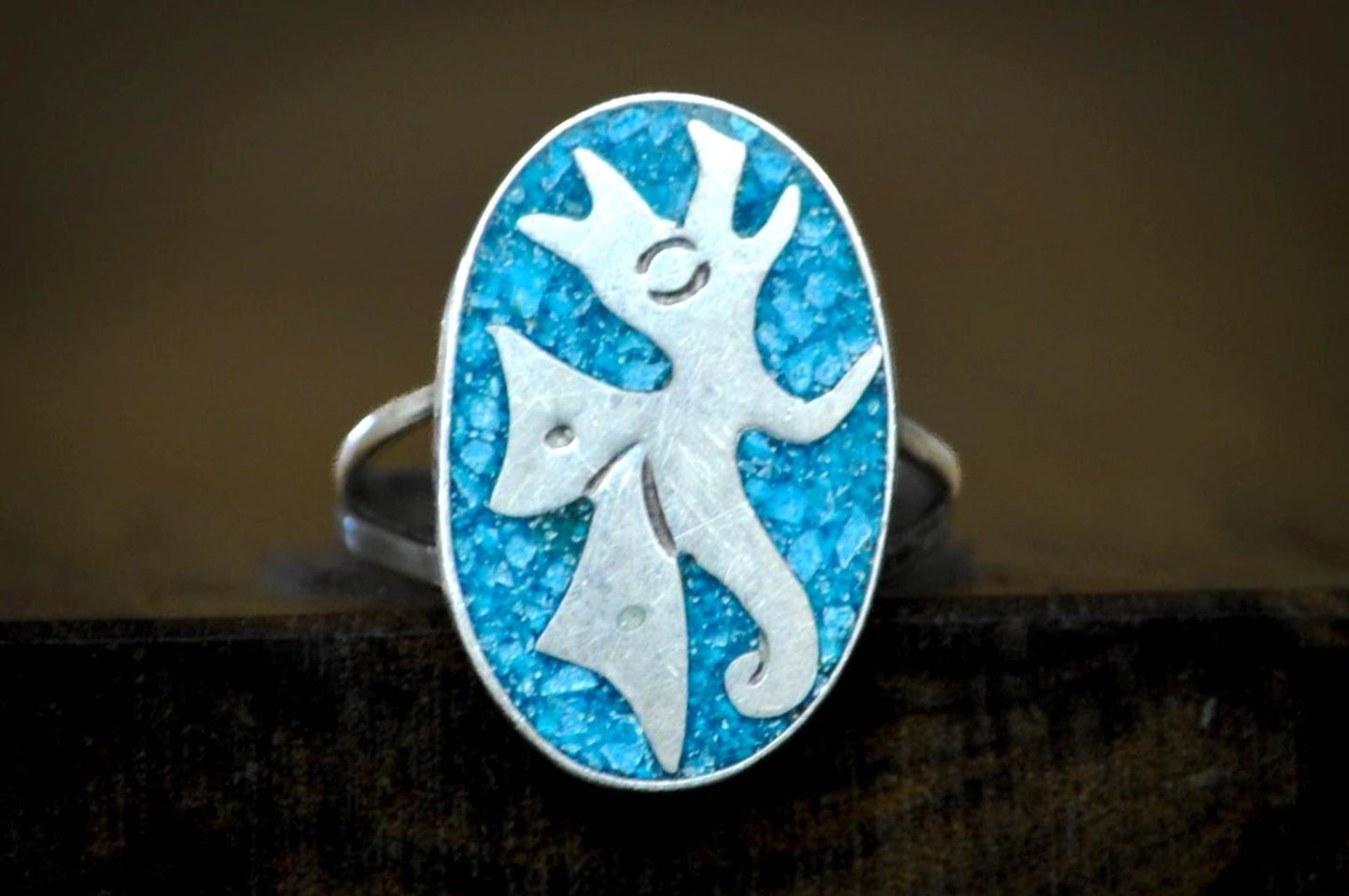 Vintage Southwestern Peyote Bird Ring with Crushed Turquoise Inlay - Artisan Sterling Silver Aztec "Star Bird" Mosaic Turquoise Ring