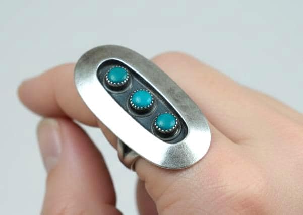 Vintage Navajo Sterling Silver 3-Stone Turquoise Shadowbox Ring Size 6.5 - Handcrafted Native American Style Turquoise Shield Ring, Size 6.5