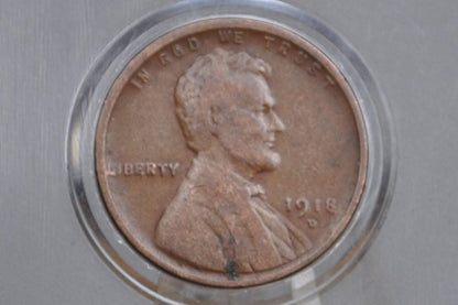 1918-D Wheat Penny - VG to F (Very Good to Fine) Grade / Condition - Denver Mint - WWI Era US Cent - 1918 D Wheat Ear Cent - 1918D