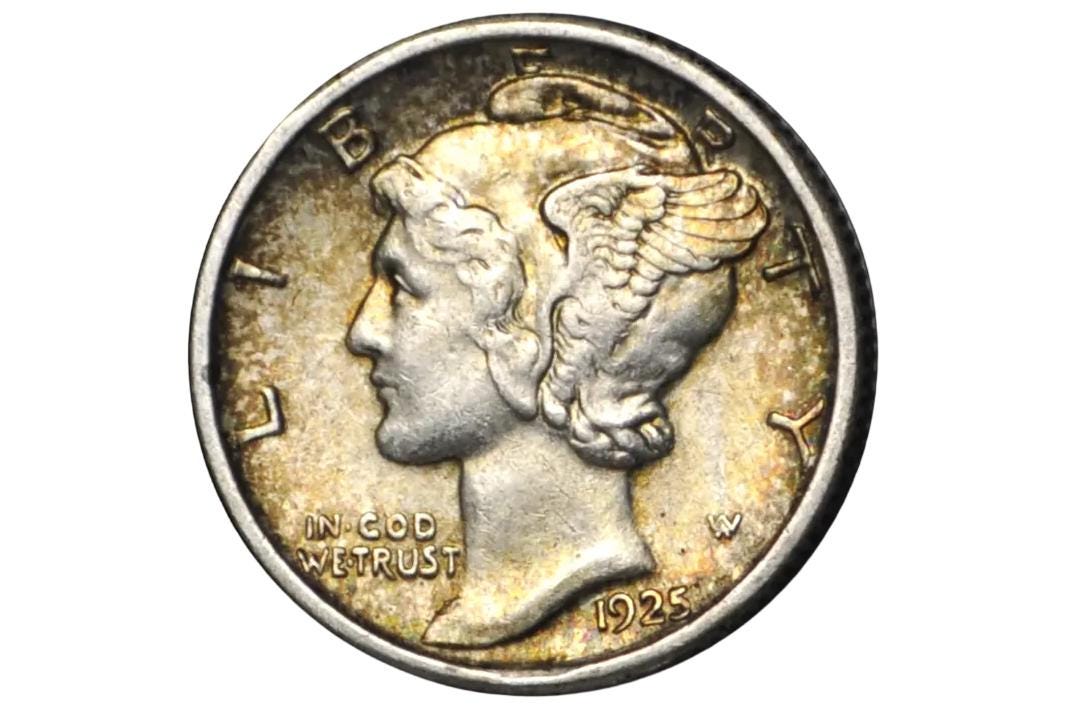 US 1 Dime from 1925 with a profile of a woman wearing wings in almost uncirculated condition