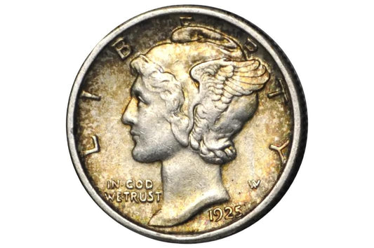 US 1 Dime from 1925 with a profile of a woman wearing wings in almost uncirculated condition