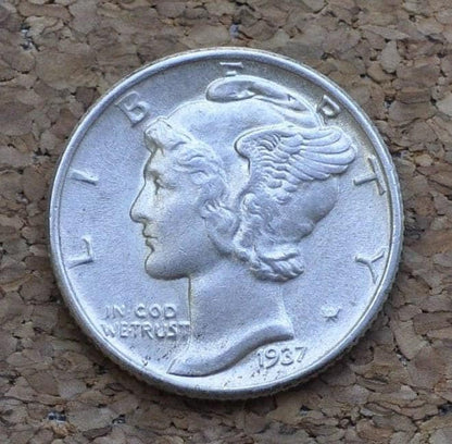 1937 Mercury Silver Dime - AU (About Uncirculated) - Philadelphia Mint - 1937 P Winged Liberty Head Silver Dime 1937P Dime