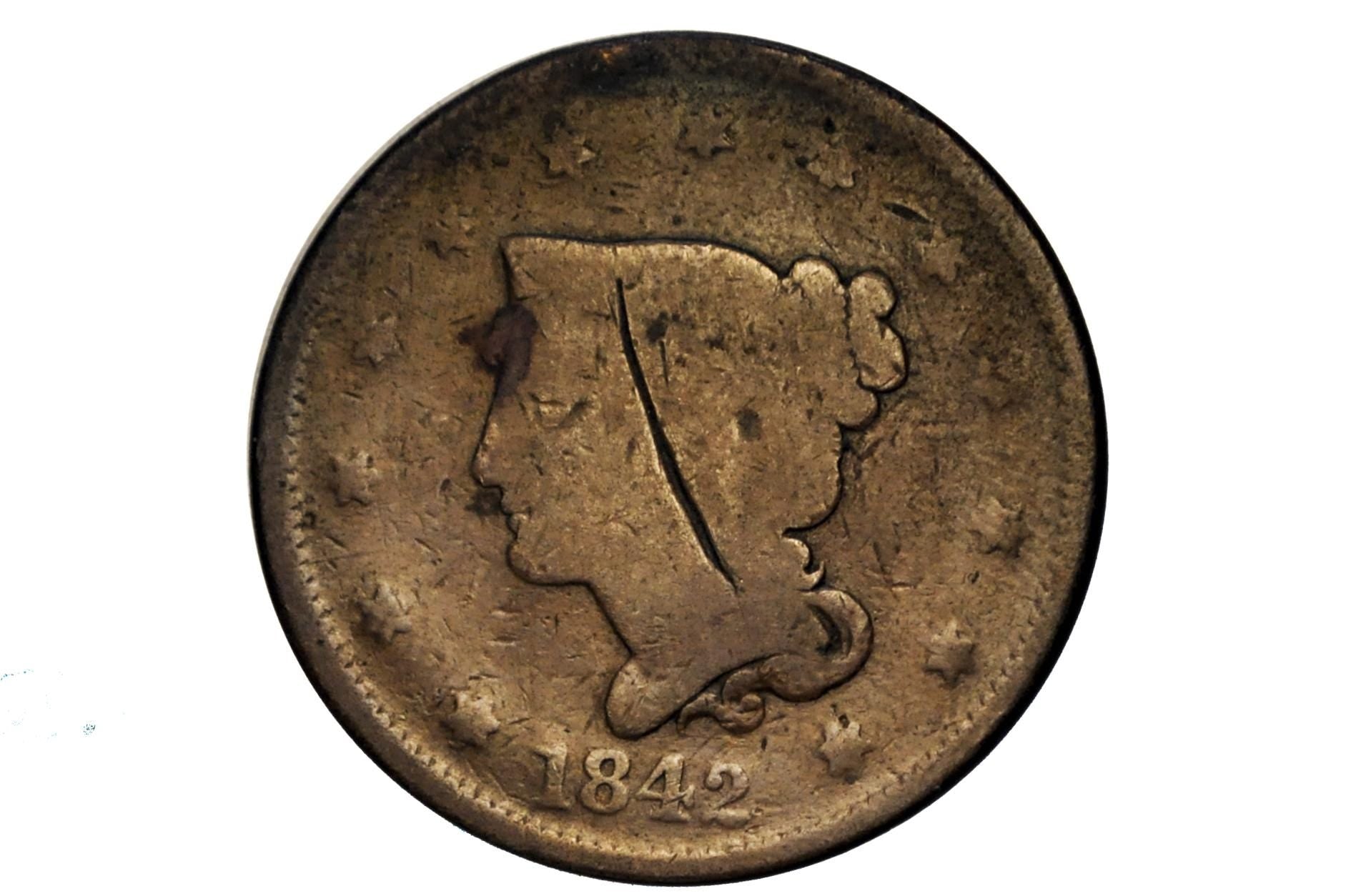 1842 Braided Hair Large Cent - VG (Very Good), Large Date Type - 1842 Coronet Cent - 1842 US Large Cent - Braided Hair 1839 to 1857