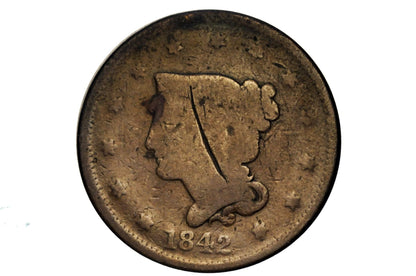 1842 Braided Hair Large Cent - VG (Very Good), Large Date Type - 1842 Coronet Cent - 1842 US Large Cent - Braided Hair 1839 to 1857