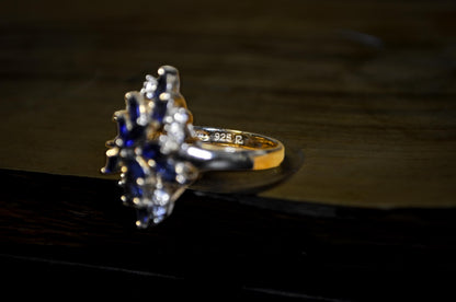 925 Gold Sapphire and Diamond CZ Cluster Ring - Blue Sapphire Marquise Cocktail Statement Piece Size 6