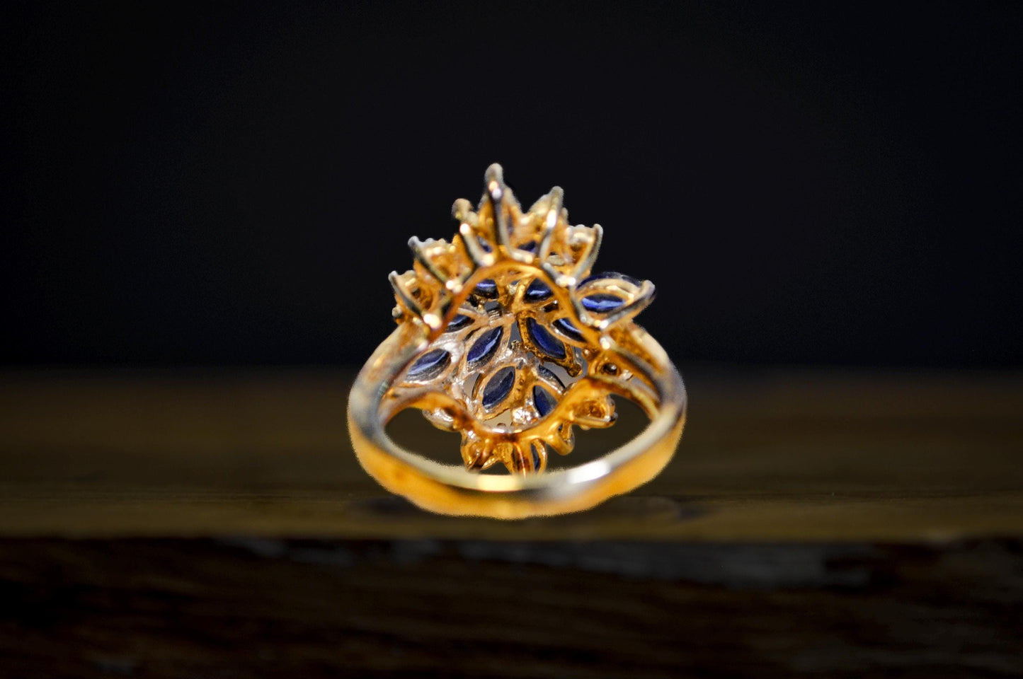 925 Gold Sapphire and Diamond CZ Cluster Ring - Blue Sapphire Marquise Cocktail Statement Piece Size 6
