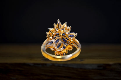 925 Gold Sapphire and Diamond CZ Cluster Ring - Blue Sapphire Marquise Cocktail Statement Piece Size 6