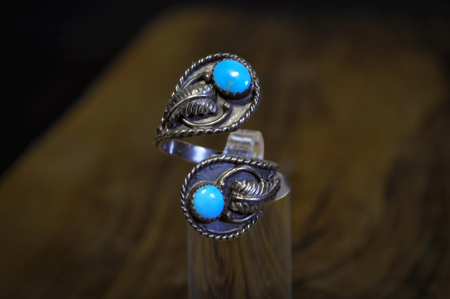Vintage Navajo Turquoise Adjustable Sizing 3-7 Sterling Silver Stamped -Sleeping Beauty Turquoise Wrap Ring Adjustable Sizing
