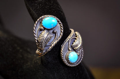 Vintage Navajo Turquoise Adjustable Sizing 3-7 Sterling Silver Stamped -Sleeping Beauty Turquoise Wrap Ring Adjustable Sizing