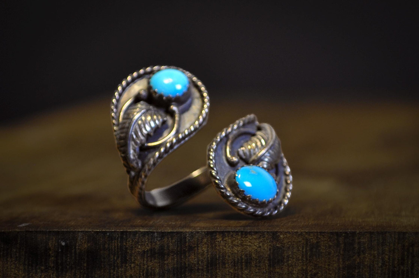 Vintage Navajo Turquoise Adjustable Sizing 3-7 Sterling Silver Stamped -Sleeping Beauty Turquoise Wrap Ring Adjustable Sizing