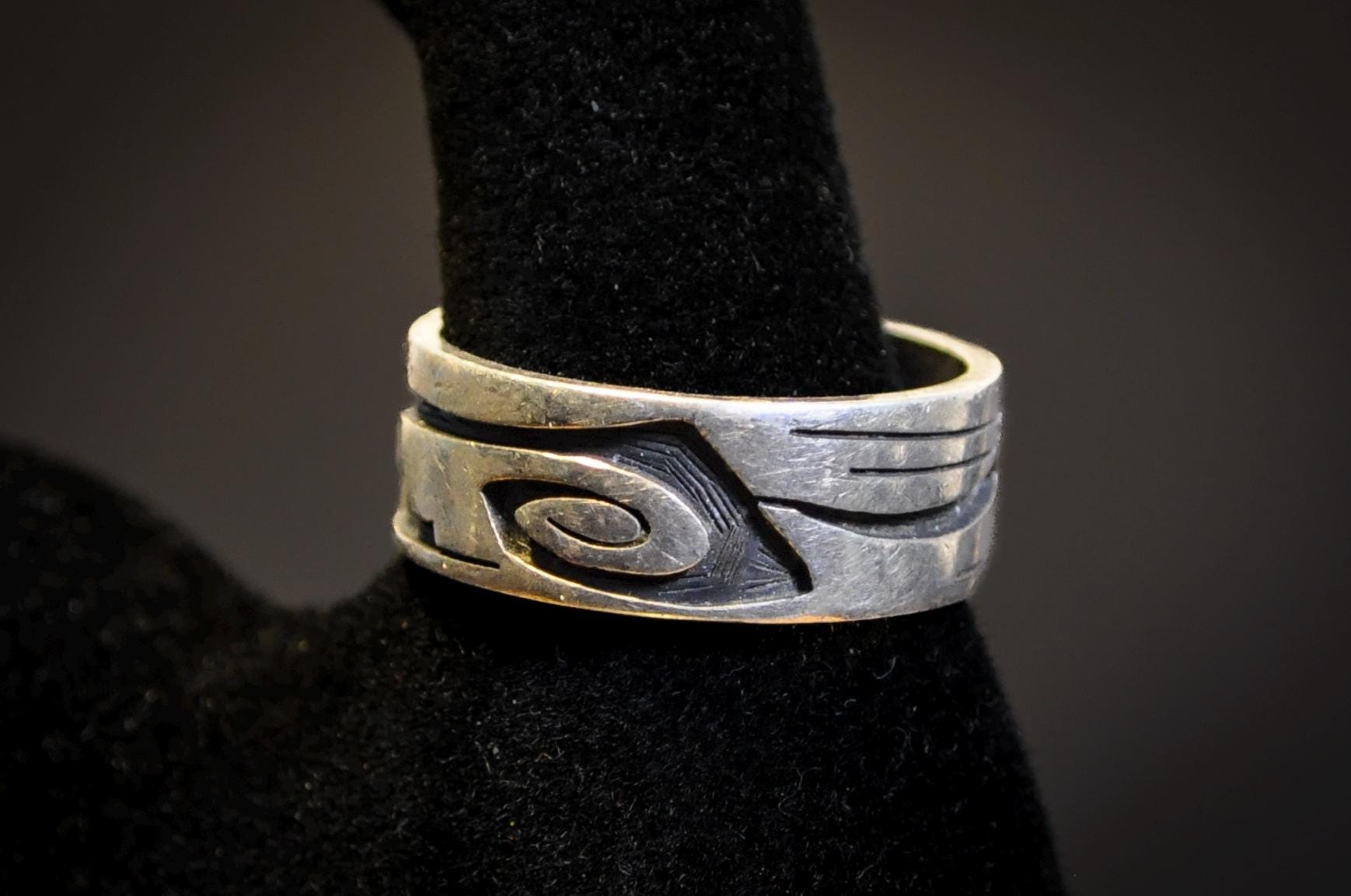 Vintage Hopi Sterling Silver Overlay Ring Size 11.5 - Signed Native American Sterling Silver Spiral Overlay Band Size 11.5