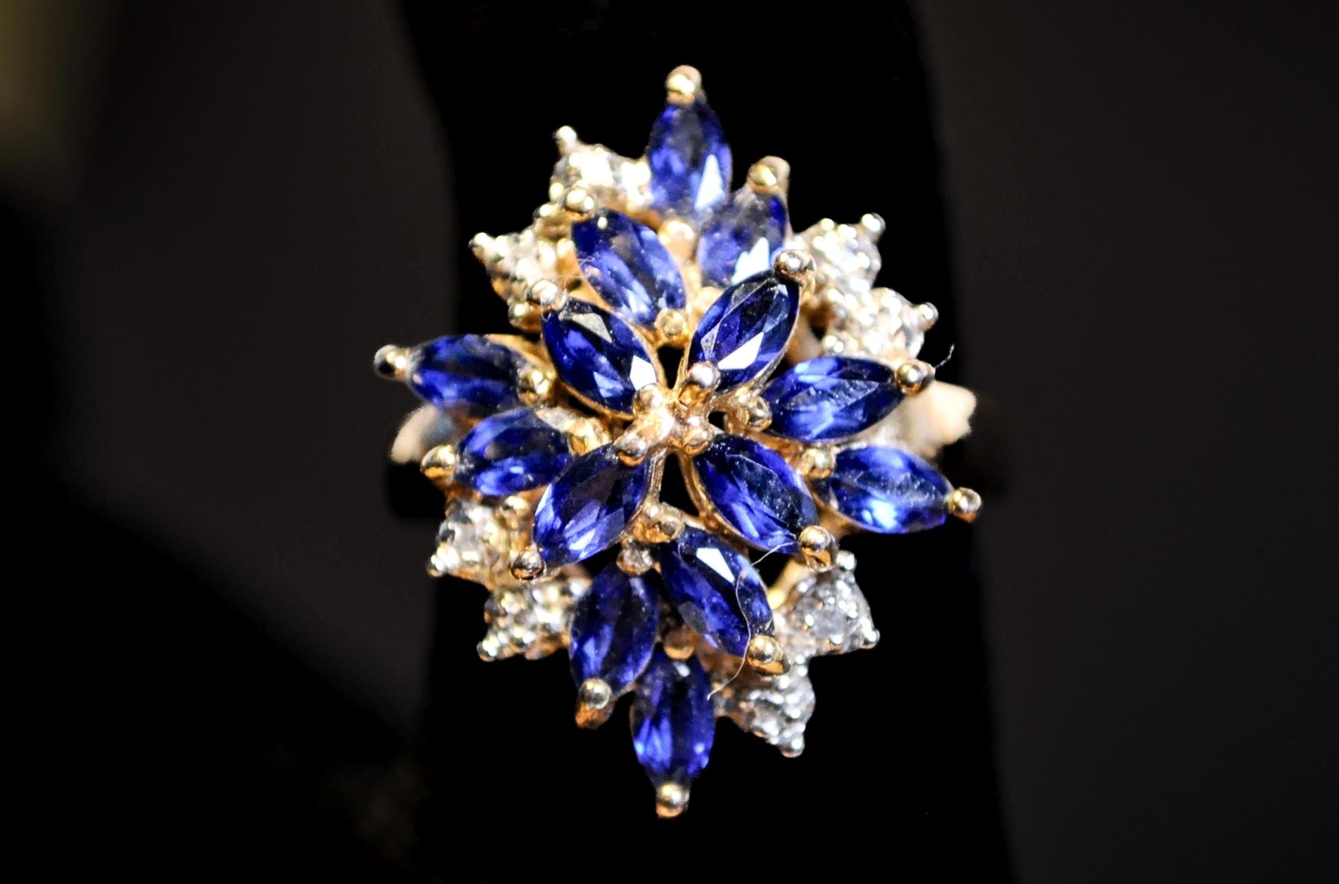 925 Gold Sapphire and Diamond CZ Cluster Ring - Blue Sapphire Marquise Cocktail Statement Piece Size 6