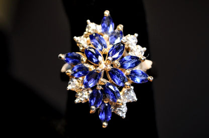 925 Gold Sapphire and Diamond CZ Cluster Ring - Blue Sapphire Marquise Cocktail Statement Piece Size 6