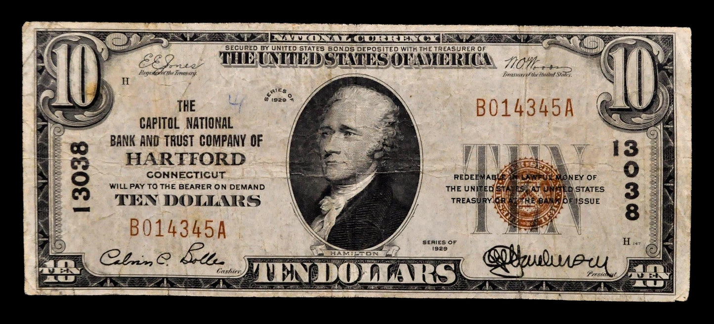 1929 Capitol National Bank Hartford Connecticut 10 Dollar Charter Note - 1929 Brown Seal Type 1 Ten Dollar CT National Note - Charter 13038