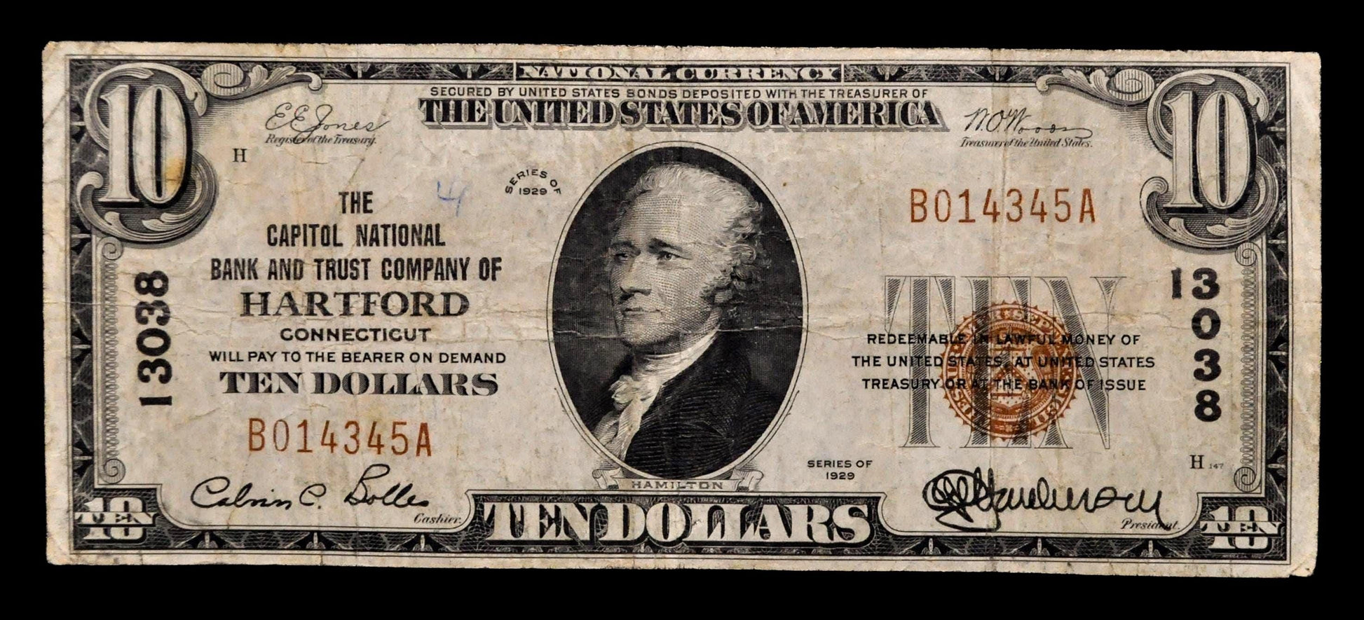 1929 Capitol National Bank Hartford Connecticut 10 Dollar Charter Note - 1929 Brown Seal Type 1 Ten Dollar CT National Note - Charter 13038