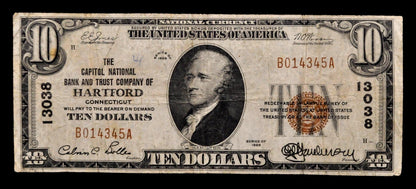 1929 Capitol National Bank Hartford Connecticut 10 Dollar Charter Note - 1929 Brown Seal Type 1 Ten Dollar CT National Note - Charter 13038