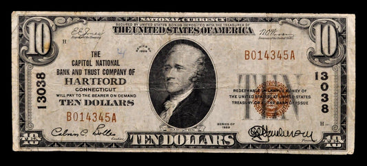 1929 Capitol National Bank Hartford Connecticut 10 Dollar Charter Note - 1929 Brown Seal Type 1 Ten Dollar CT National Note - Charter 13038