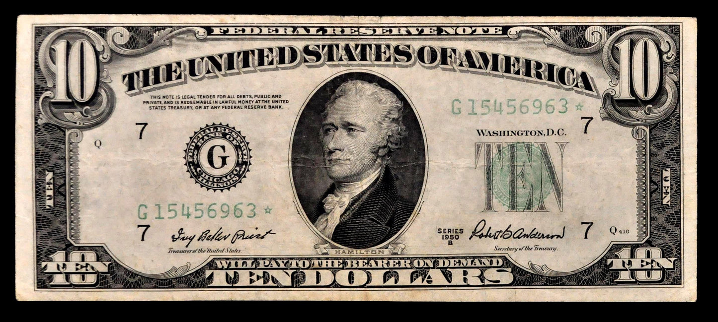 1950-B Federal Reserve 10 Dollar Star Note - Chicago (G) Issue - Choice Very Fine (Vf+) - 1950B Ten Dollar Green Seal Star Note - Fr#2012-G*