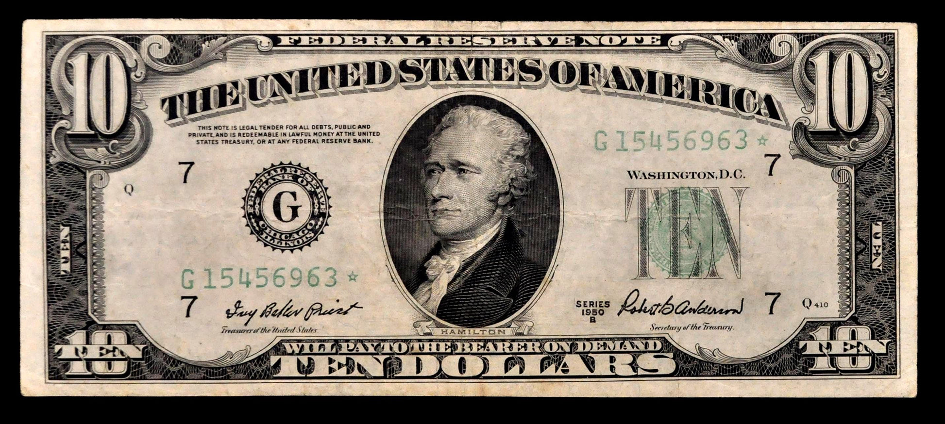 1950-B Federal Reserve 10 Dollar Star Note - Chicago (G) Issue - Choice Very Fine (Vf+) - 1950B Ten Dollar Green Seal Star Note - Fr#2012-G*