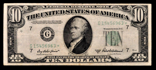 1950-B Federal Reserve 10 Dollar Star Note - Chicago (G) Issue - Choice Very Fine (Vf+) - 1950B Ten Dollar Green Seal Star Note - Fr#2012-G*