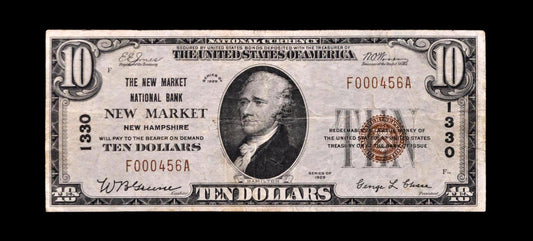 RARE 1929 Newmarket New Hampshire 10 Dollar National Currency Note - Type 1 - 1929 Brown Seal Ten Dollar NH Charter Note - Charter 1330