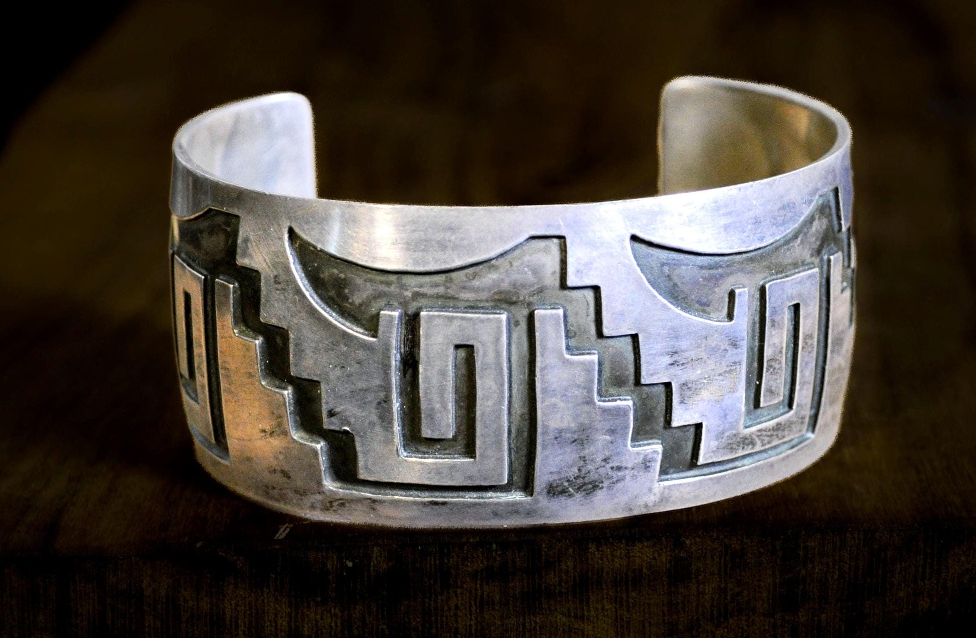 Geometric Navajo Cuff Sterling Silver "Micheal Tahe" Stamped - Stamped Geometric Antique Navajo Cuff Bracelet Sterling Silver