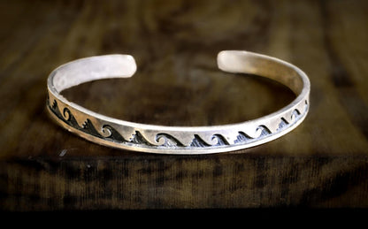 Native American Sterling Silver Wave Overlay Thin Cuff - Navajo Style Water Waves Sterling Silver Turtle Hallmark Bracelet