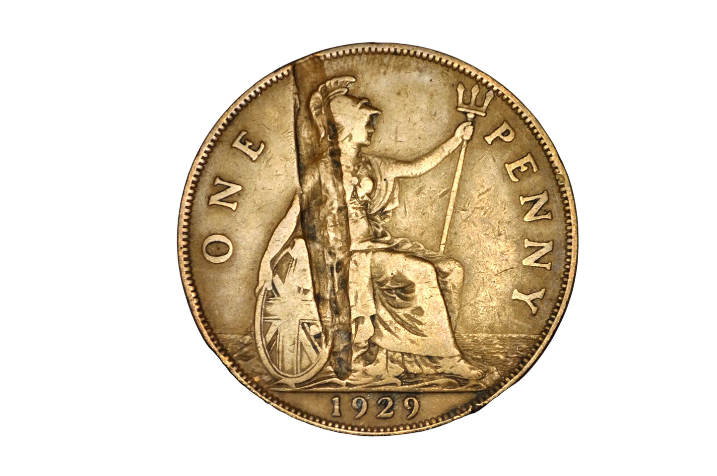 1929 Great Britain One Penny Major Vertical Lamination Error - 1929 George V British Penny Planchet Flaw / Lamination Peel