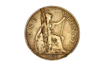 1929 Great Britain One Penny Major Vertical Lamination Error - 1929 George V British Penny Planchet Flaw / Lamination Peel