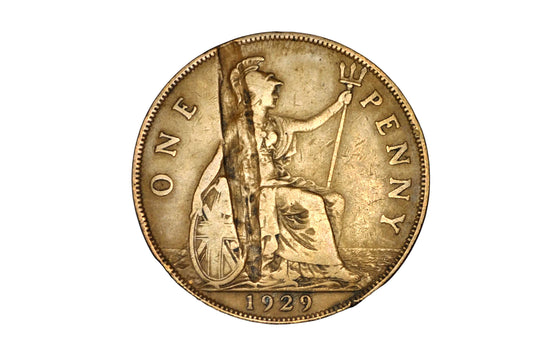 1929 Great Britain One Penny Major Vertical Lamination Error - 1929 George V British Penny Planchet Flaw / Lamination Peel