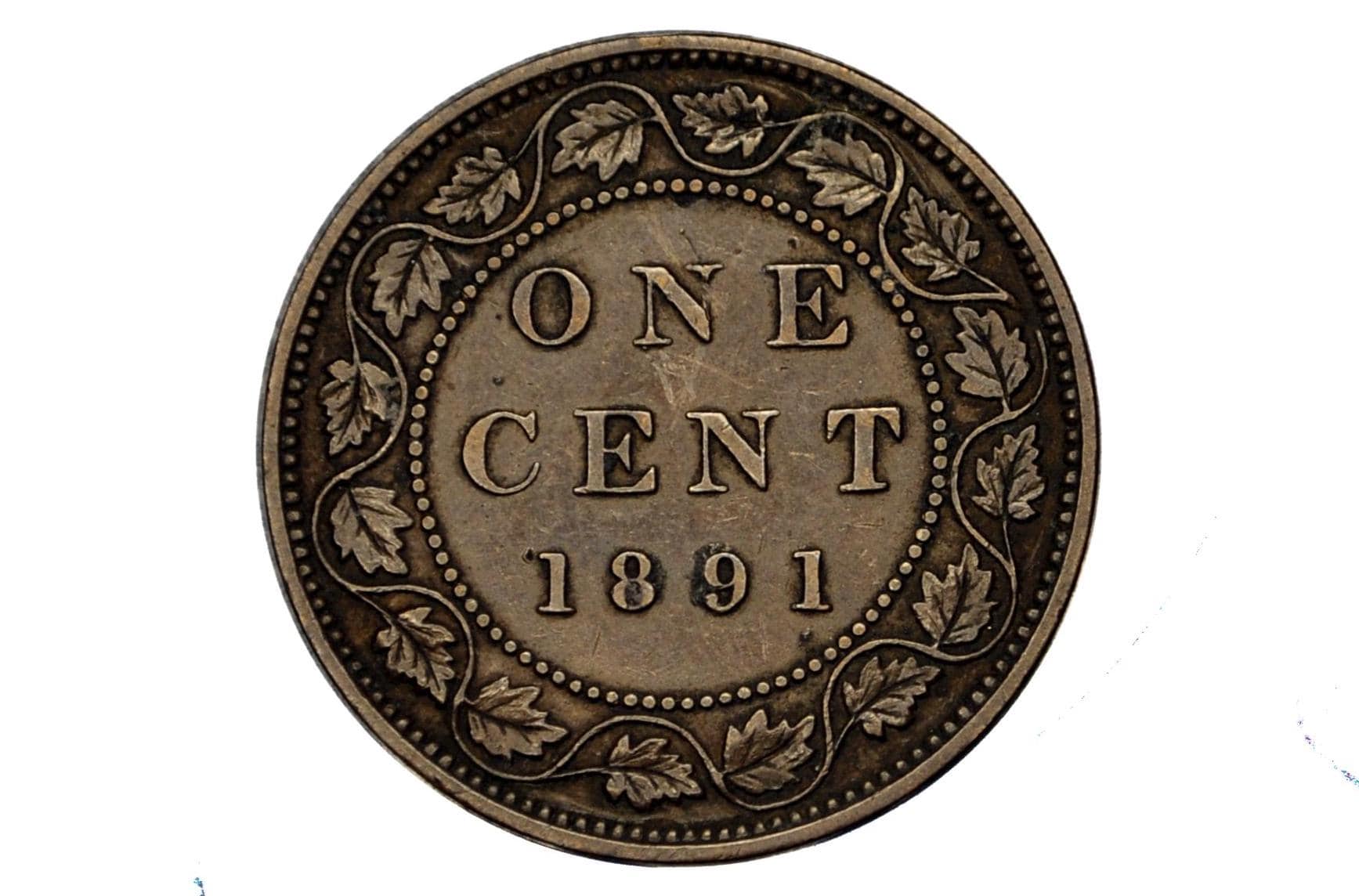 1891 Canadian One Cent - XF (Extremely Fine) Condition - Large Date, Large Leaf, Obv. 2 Variety - 1891 Penny Canada 1 Cent 1891