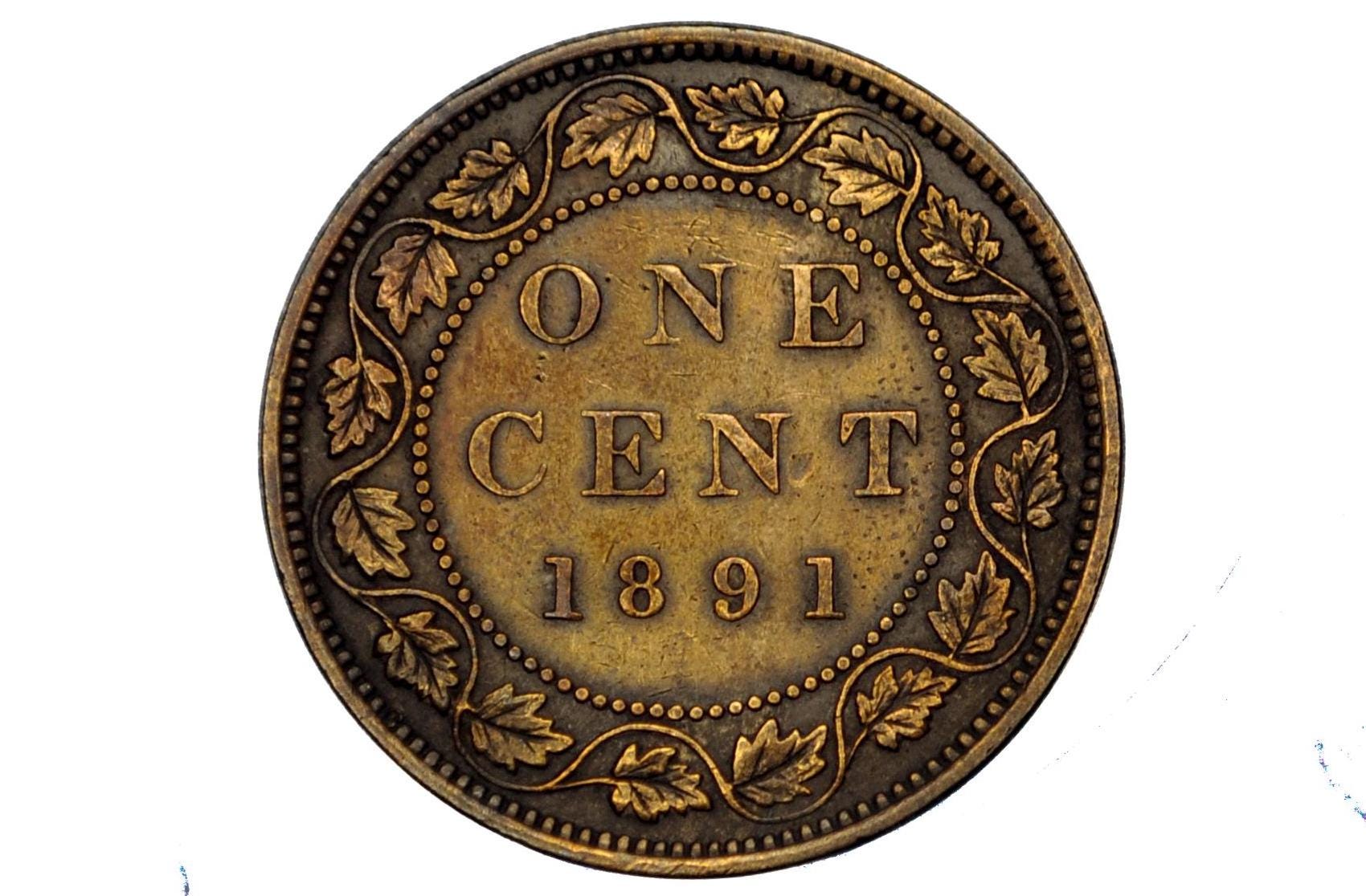 1891 Canadian One Cent - XF (Extremely Fine) Condition - Large Date, Large Leaf, Obv. 2 Variety - 1891 Penny Canada 1 Cent 1891