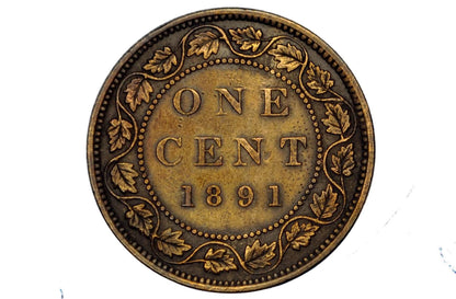 1891 Canadian One Cent - XF (Extremely Fine) Condition - Large Date, Large Leaf, Obv. 2 Variety - 1891 Penny Canada 1 Cent 1891