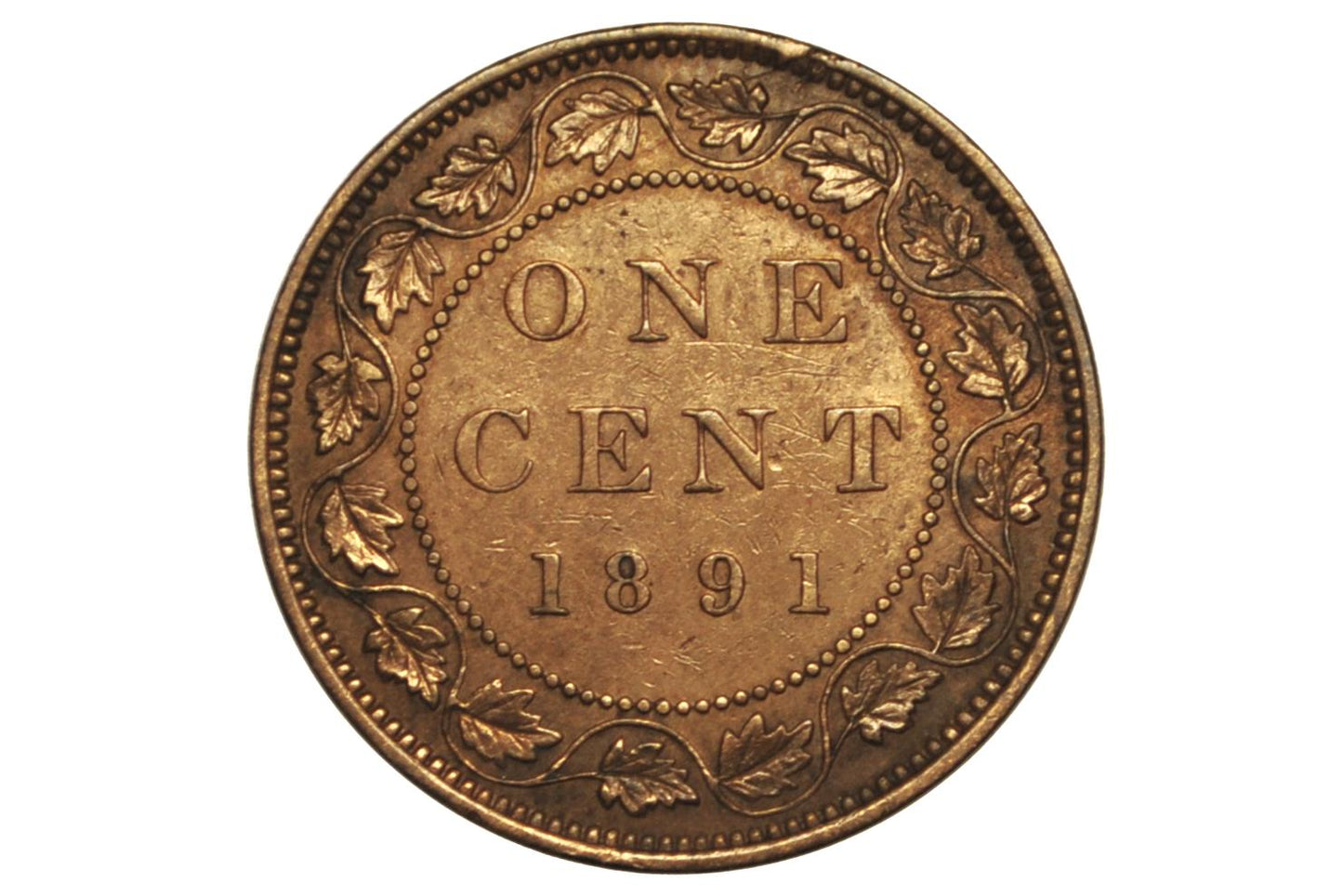1891 Canadian One Cent - XF (Extremely Fine) Condition - Large Date, Large Leaf, Obv. 2 Variety - 1891 Penny Canada 1 Cent 1891